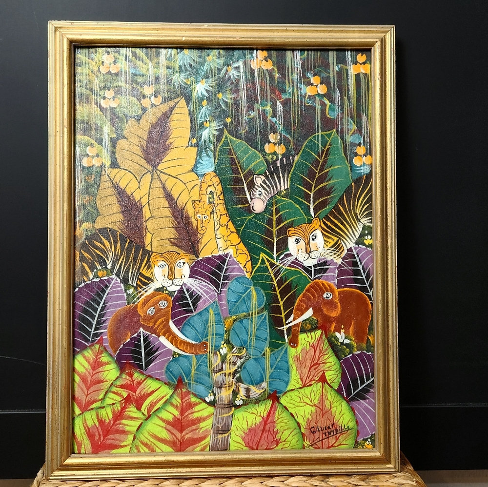 Painting by Haitian Artist Gilbert Tataille Depicting a Jungle Scene